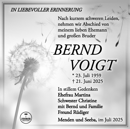 Traueranzeige von Bernd Voigt von Südthüringer Presse