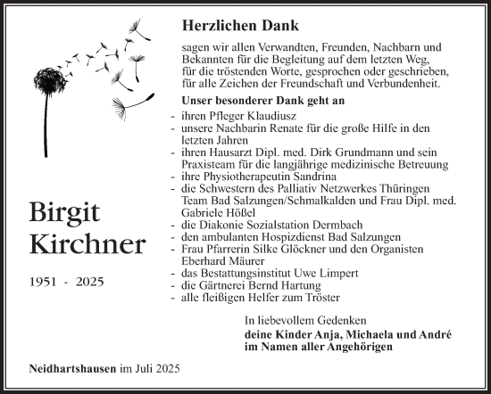 Traueranzeige von Birgit Kirchner von Südthüringer Presse