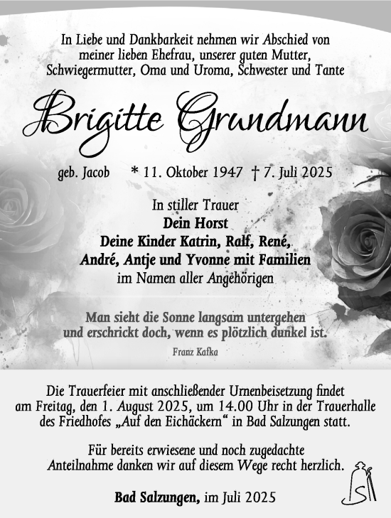 Traueranzeige von Brigitte Grundmann von Südthüringer Presse