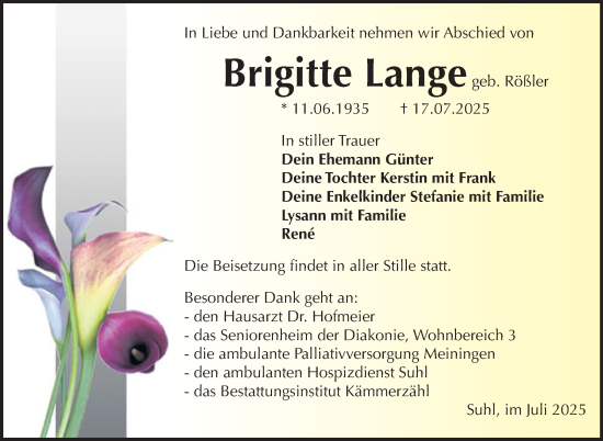 Traueranzeige von Brigitte Lange von Südthüringer Presse