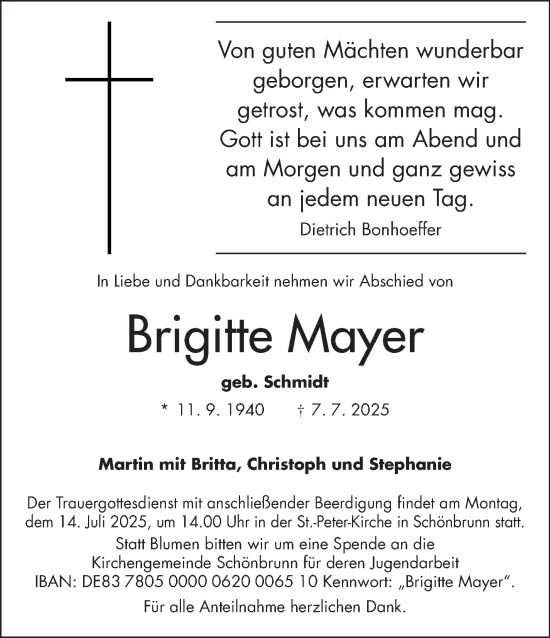 Traueranzeige von Brigitte Mayer von Frankenpost