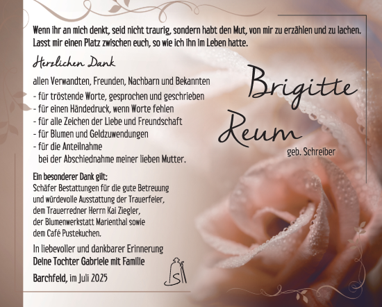 Traueranzeige von Brigitte Reum von Südthüringer Presse