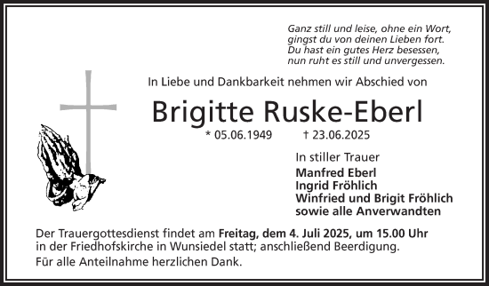 Traueranzeige von Brigitte Ruske-Eberl von Frankenpost