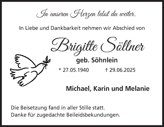 Traueranzeige von Brigitte Söllner von Südthüringer Presse