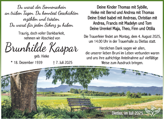Traueranzeige von Brunhilde Kaspar von Südthüringer Presse