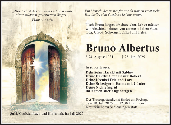 Traueranzeige von Bruno Albertus von Südthüringer Presse