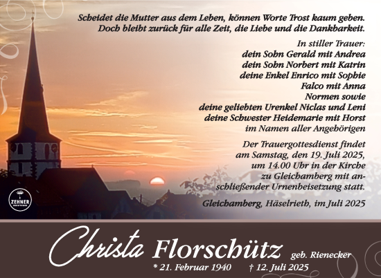 Traueranzeige von Christa Florschütz von Südthüringer Presse
