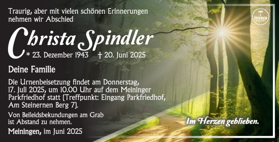 Traueranzeige von Christa Spindler von Südthüringer Presse