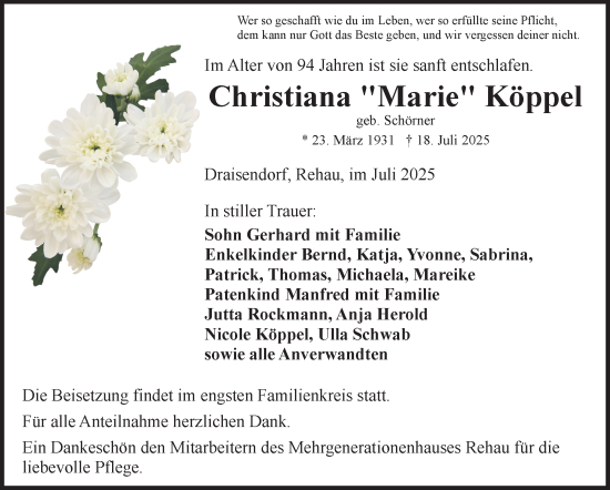 Traueranzeige von Christiana Köppel von Frankenpost