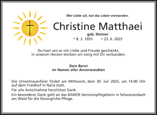 Traueranzeige von Christine Matthaei von Frankenpost