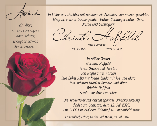 Traueranzeige von Christl Hoßfeld von Südthüringer Presse
