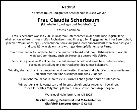 Traueranzeige von Claudia Scherbaum von Frankenpost