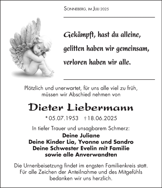 Traueranzeige von Dieter Liebermann von Südthüringer Presse
