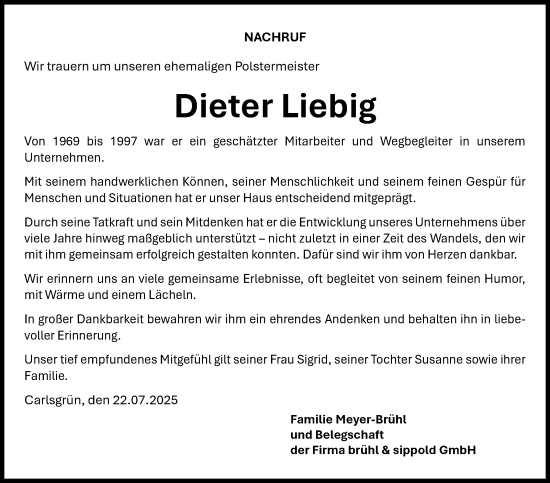 Traueranzeige von Dieter Liebig von Frankenpost