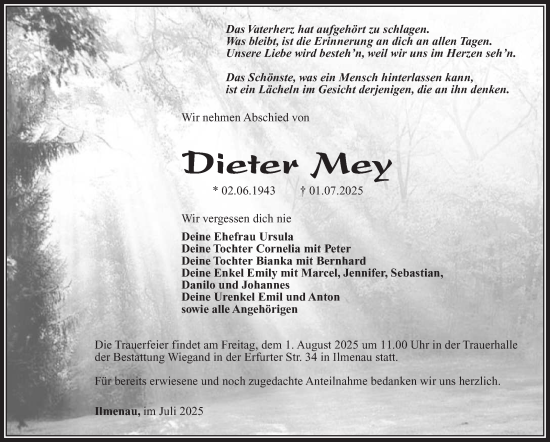 Traueranzeige von Dieter Mey von Südthüringer Presse