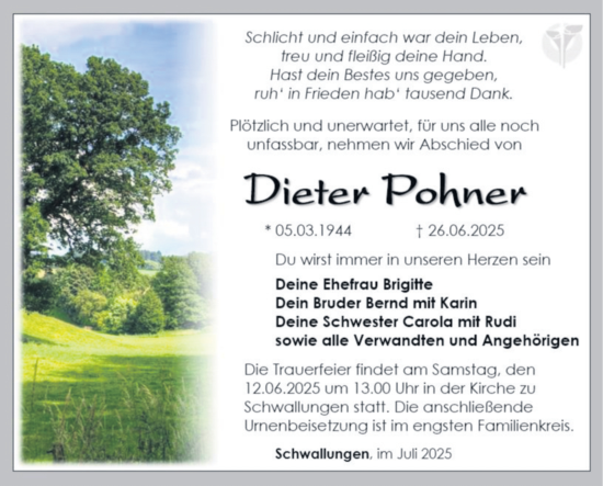 Traueranzeige von Dieter Pohner von Südthüringer Presse
