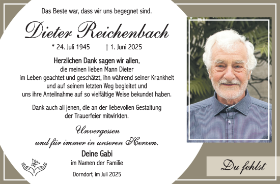 Traueranzeige von Dieter Reichenbach von Südthüringer Presse
