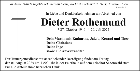 Traueranzeige von Dieter Rothemund von Frankenpost