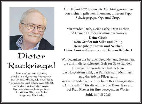 Traueranzeige von Dieter Ruckriegel von Südthüringer Presse