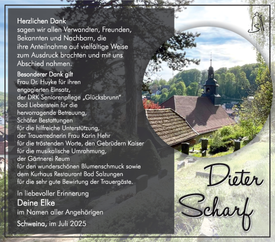 Traueranzeige von Dieter Scharf von Südthüringer Presse