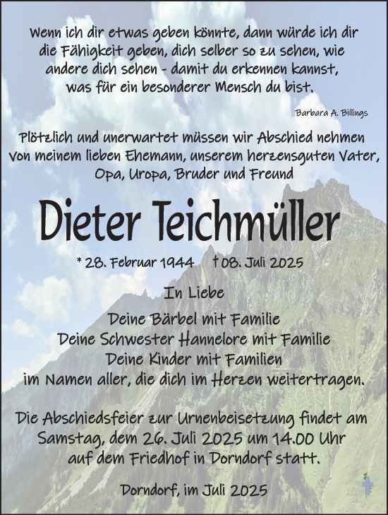 Traueranzeige von Dieter Teichmüller von Südthüringer Presse