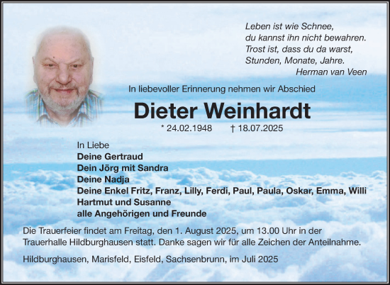 Traueranzeige von Dieter Weinhardt von Südthüringer Presse