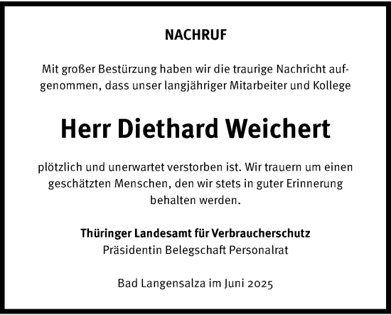 Traueranzeige von Diethard Weichert von Südthüringer Presse