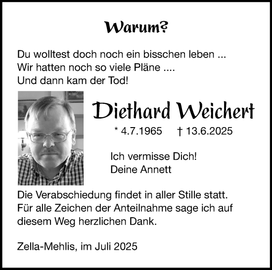 Traueranzeige von Diethard Weichert von Südthüringer Presse