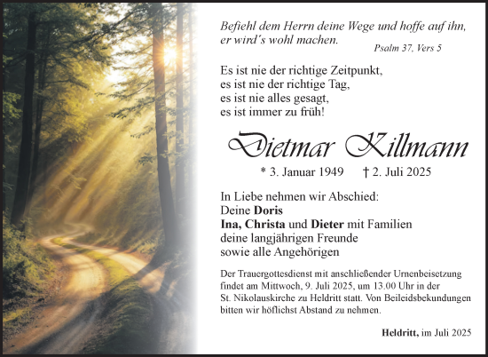 Traueranzeige von Dietmar Killmann von Neue Presse Coburg