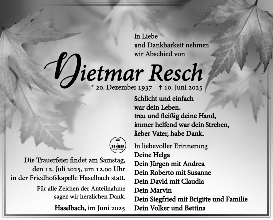 Traueranzeige von Dietmar Resch von Südthüringer Presse