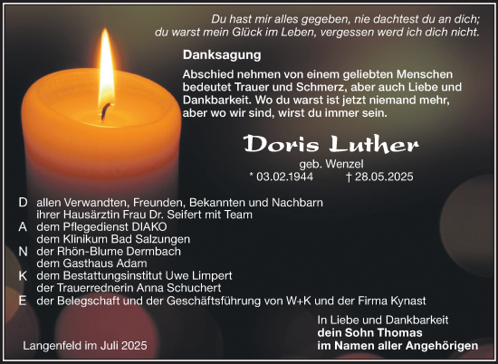 Traueranzeige von Doris Luther von Südthüringer Presse