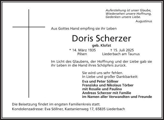 Traueranzeige von Doris Scherzer von Frankenpost