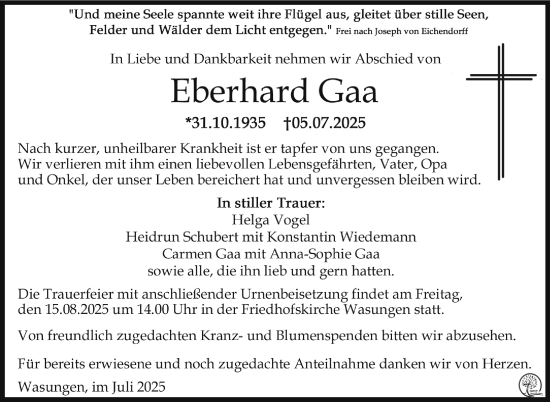 Traueranzeige von Eberhard Gaa von Südthüringer Presse