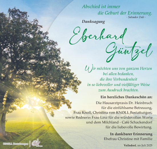Traueranzeige von Eberhard Güntzel von Südthüringer Presse
