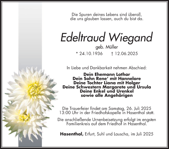 Traueranzeige von Edeltraud Wiegand von Südthüringer Presse