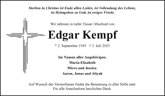 Traueranzeige von Edgar Kempf von Frankenpost