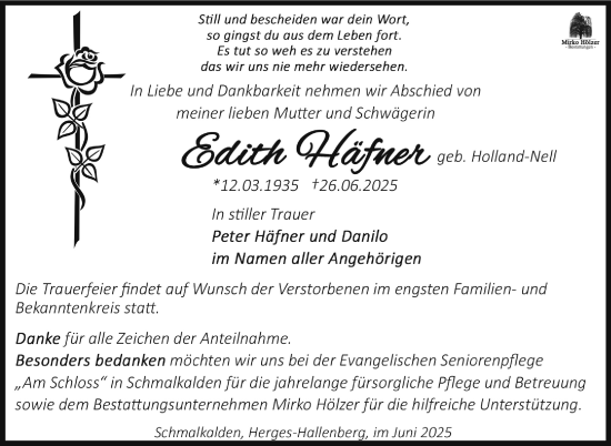 Traueranzeige von Edith Häfner von Südthüringer Presse