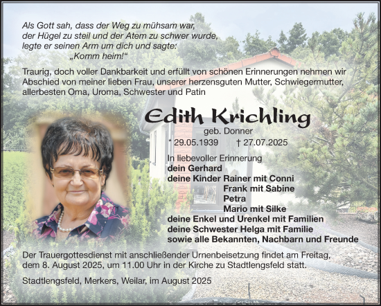 Traueranzeige von Edith Krichling von Südthüringer Presse