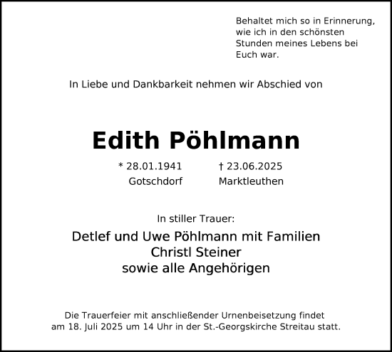 Traueranzeige von Edith Pöhlmann von Frankenpost