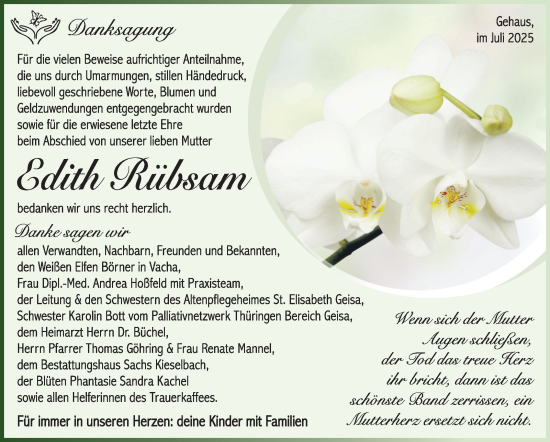 Traueranzeige von Edith Rübsam von Südthüringer Presse