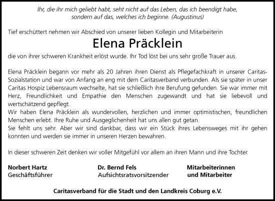 Traueranzeige von Elena Präcklein von Neue Presse Coburg