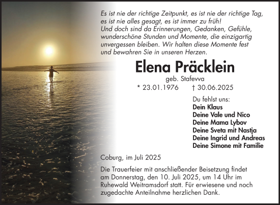 Traueranzeige von Elena Präcklein von Neue Presse Coburg