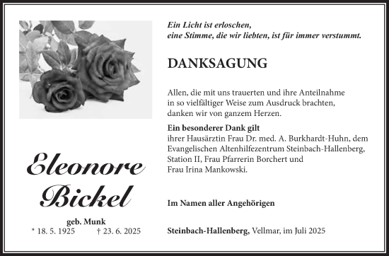 Traueranzeige von Eleonore Bickel von Südthüringer Presse