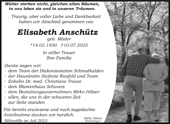 Traueranzeige von Elisabeth Anschütz von Südthüringer Presse