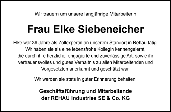 Traueranzeige von Elke Siebeneicher von Frankenpost