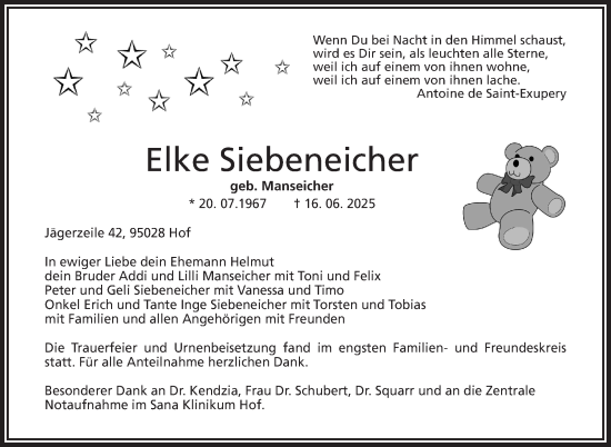 Traueranzeige von Elke Siebeneicher von Frankenpost