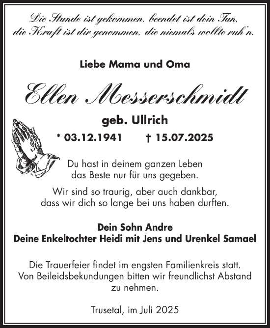 Traueranzeige von Ellen Messerschmidt von Südthüringer Presse