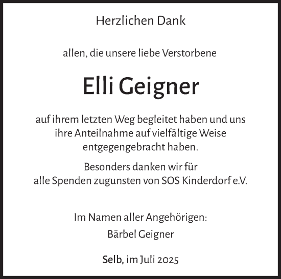 Traueranzeige von Elli Geigner von Frankenpost