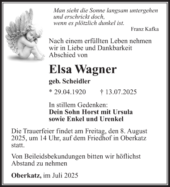 Traueranzeige von Elsa Wagner von Südthüringer Presse