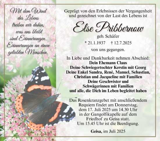 Traueranzeige von Else Pribbernow von Südthüringer Presse